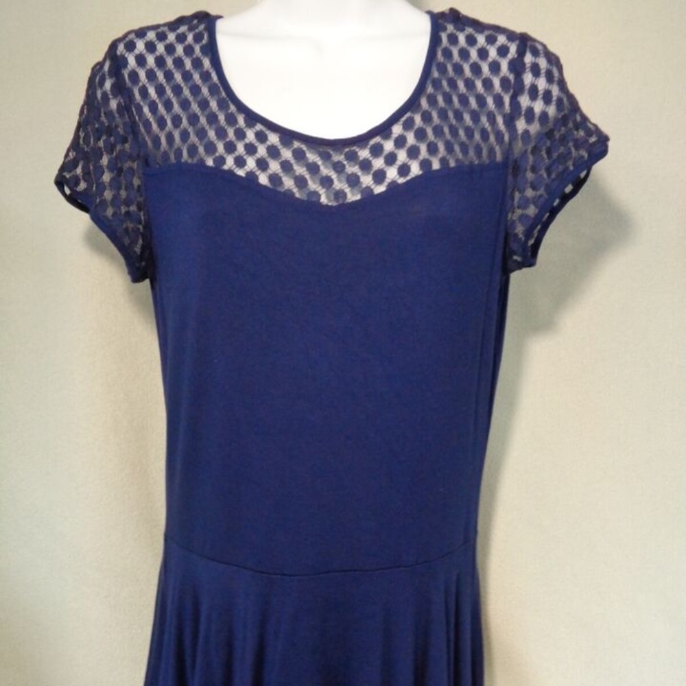 VINTAGE BOSTON PROPER BLUE POLKA-DOT LACE BODICE FITTED WAIST TOP BACK ZIP S